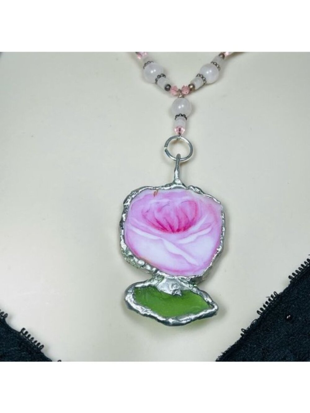 Pink Rose Broken China & Sea Glass Pendant | Pink Quartz Necklace | Alma Antigua - Picture 5 of 11